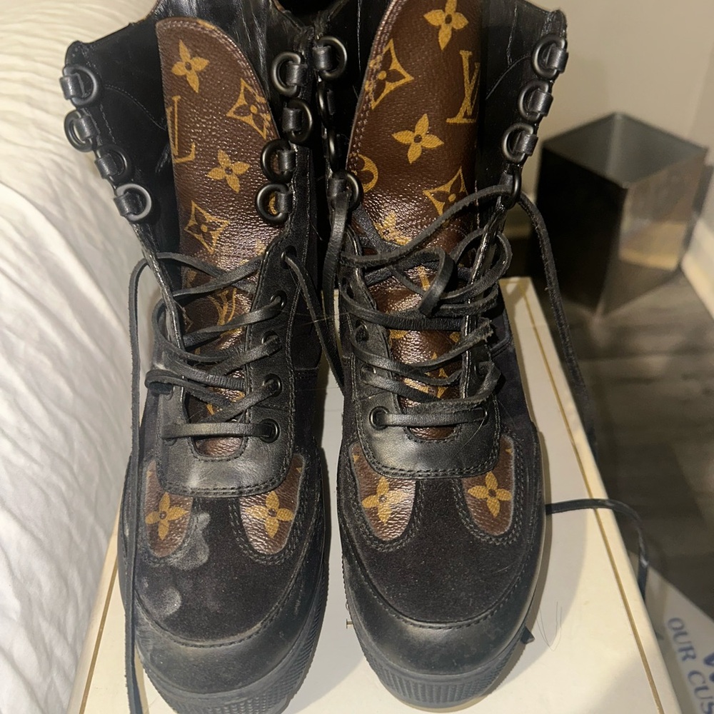 Louis Vuitton Black and Brown Monogram Lace-Up Boots